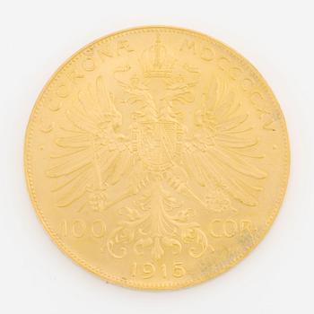 Guldmynt, Österrike, 100 Corona, 1915, senare präglng.