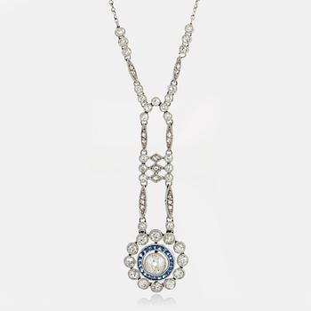 1134. A platinum necklace set with old- and rose-cut diamonds and sapphires.