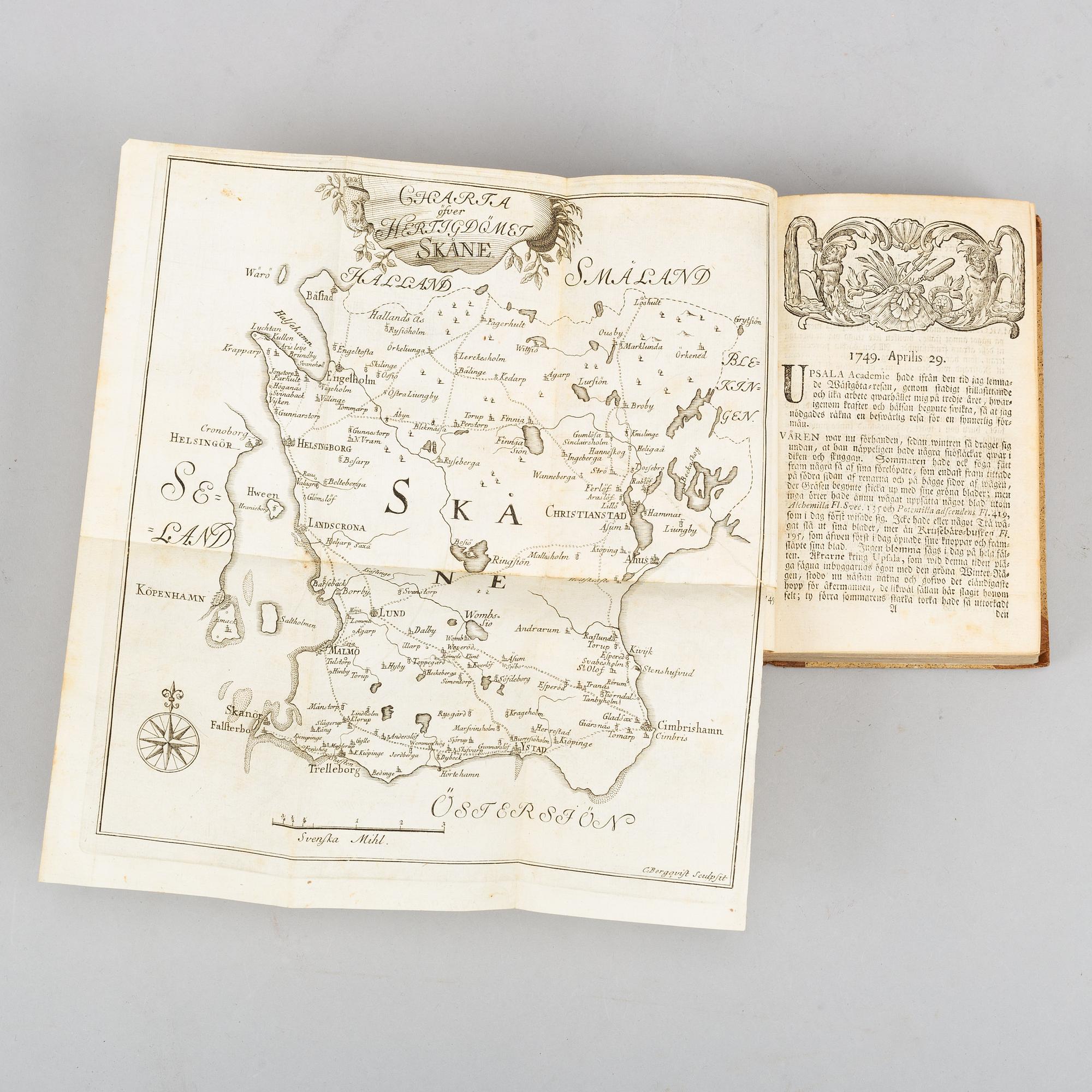 Linnaeus on Scania, 1751, with engraved map and plates.