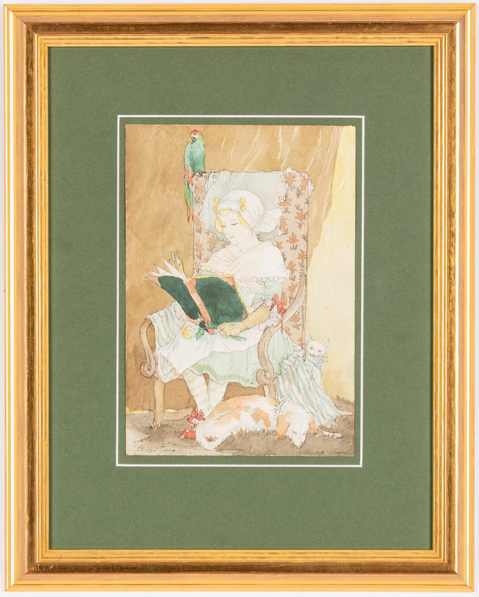 Elisabeth Sonrel, Heure du conte avec chat, chien et perroquet (fille lisant).