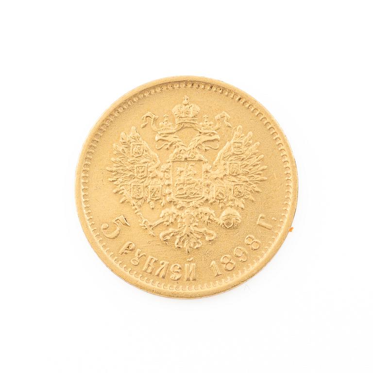 Gold coin, Nicholas II, Russia, 5 Rubles, 1898.
