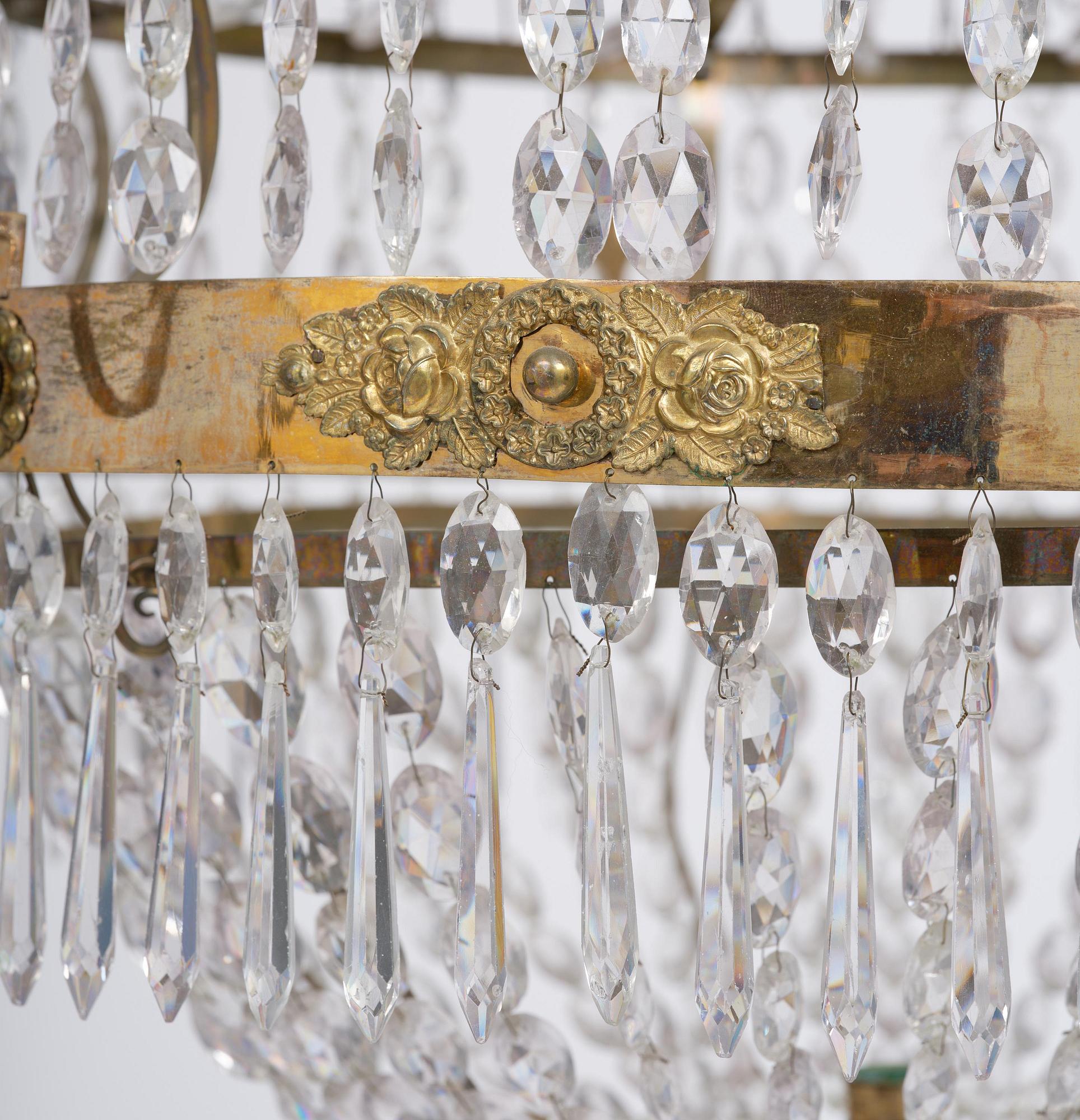 A late Gustavian gilt brass and cut glass seven-light chandelier, Stockholm late 18th century.