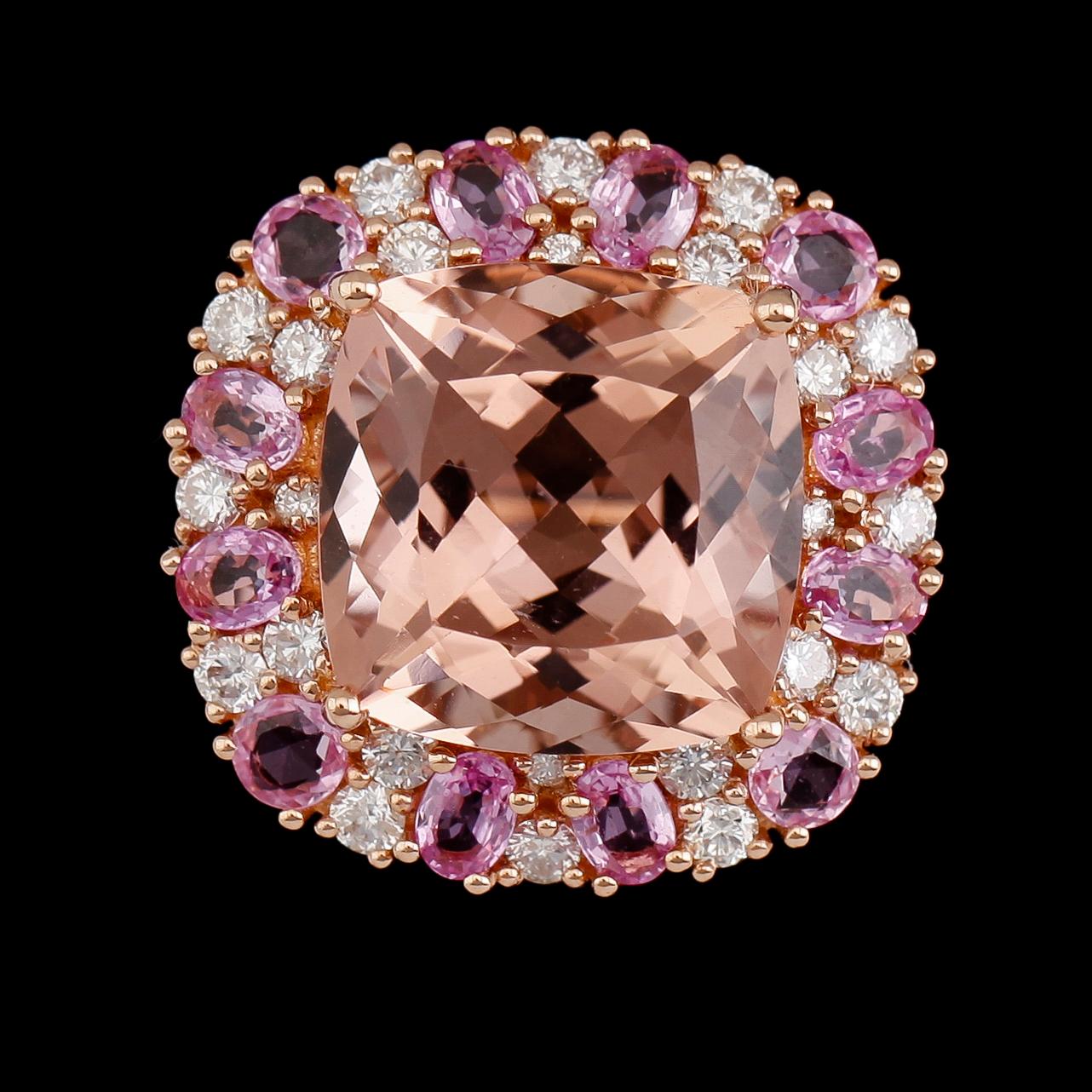 RING, 18 k roséguld, morganit ca 11.85 ct, 12 rosa safirer ca 2.10 ct, 24 briljantslipade diamanter tot ca 0.98 ct.