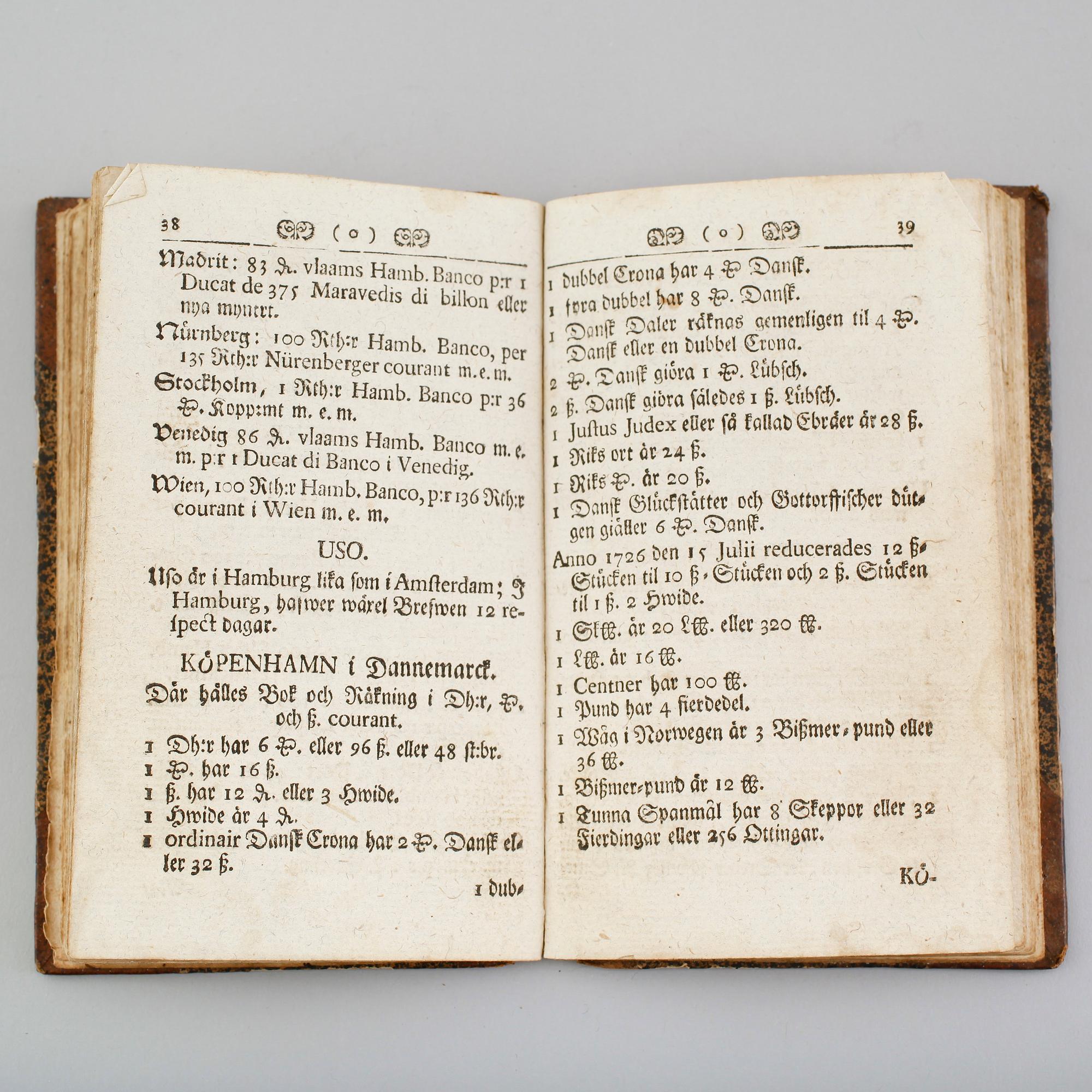 BOK: DIURMAN, P. Mynte-Sorter Och annat Handelen angående, Uti De förnämste Städer i Europa. Stockholm 1749.