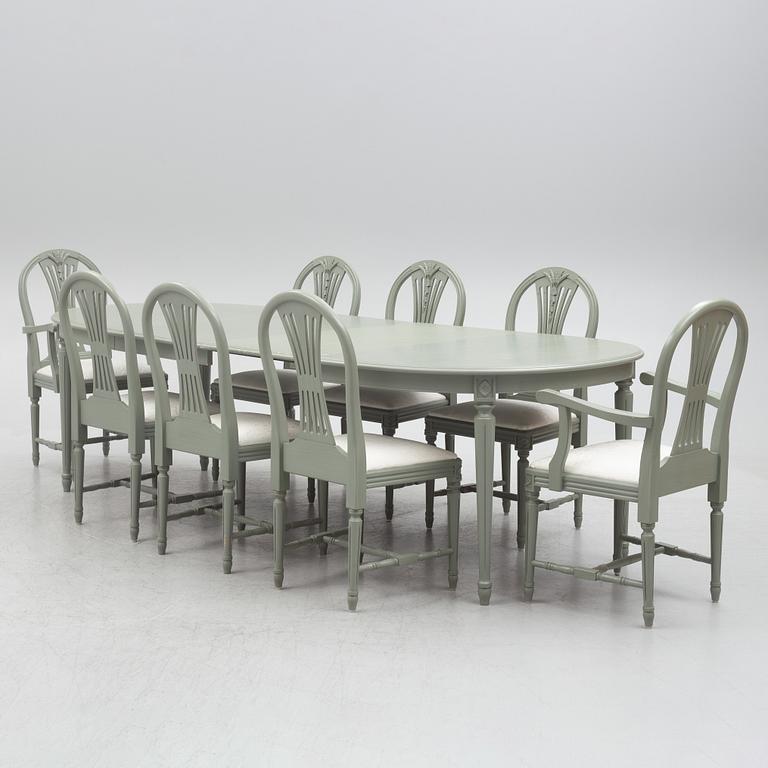 Dining table, with 2 armchairs and 6 chairs, Gustavian style, late 20th century.