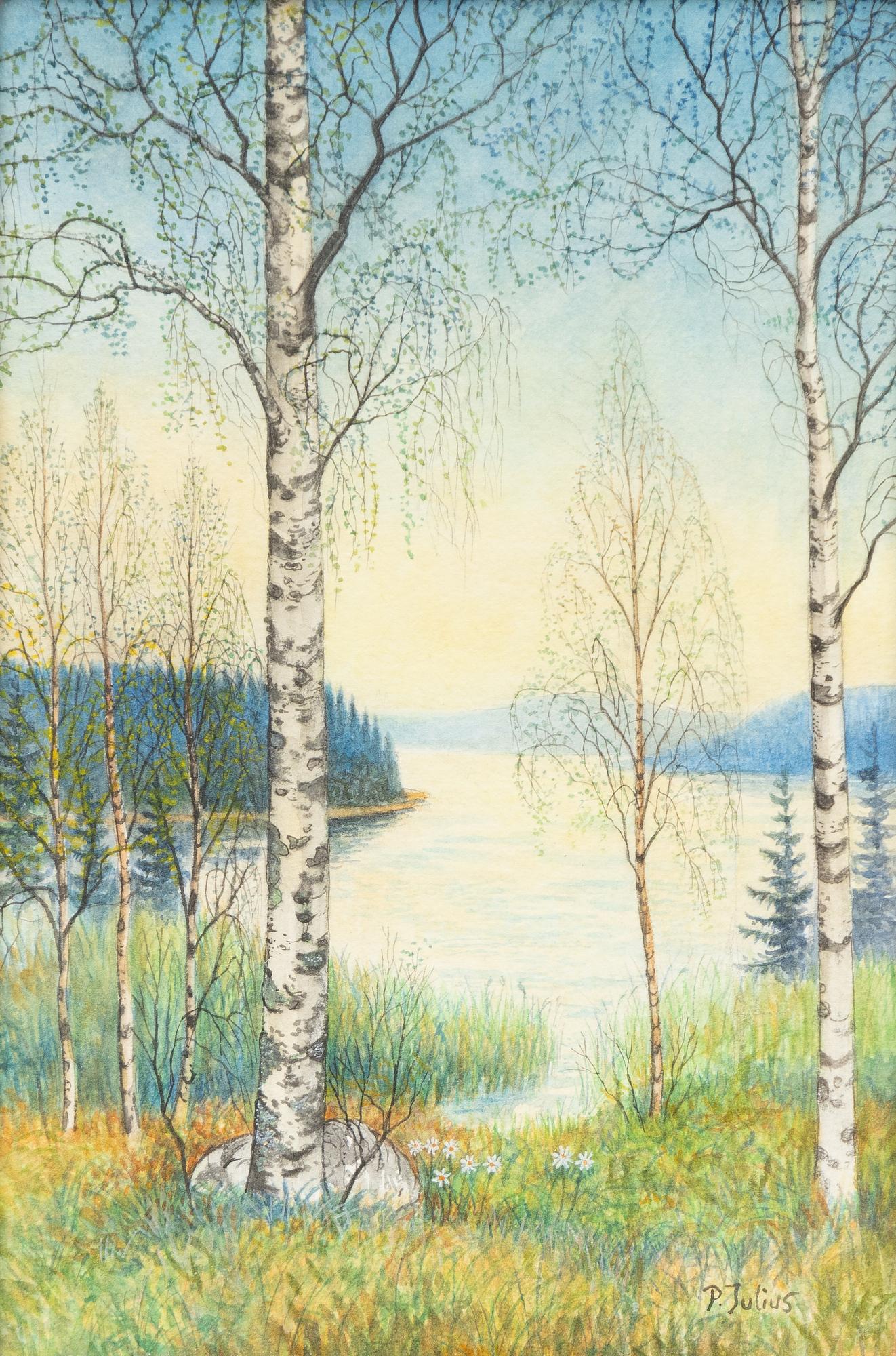 Per Julius, Vårbjörkar i skymningslandskap, ett par,.