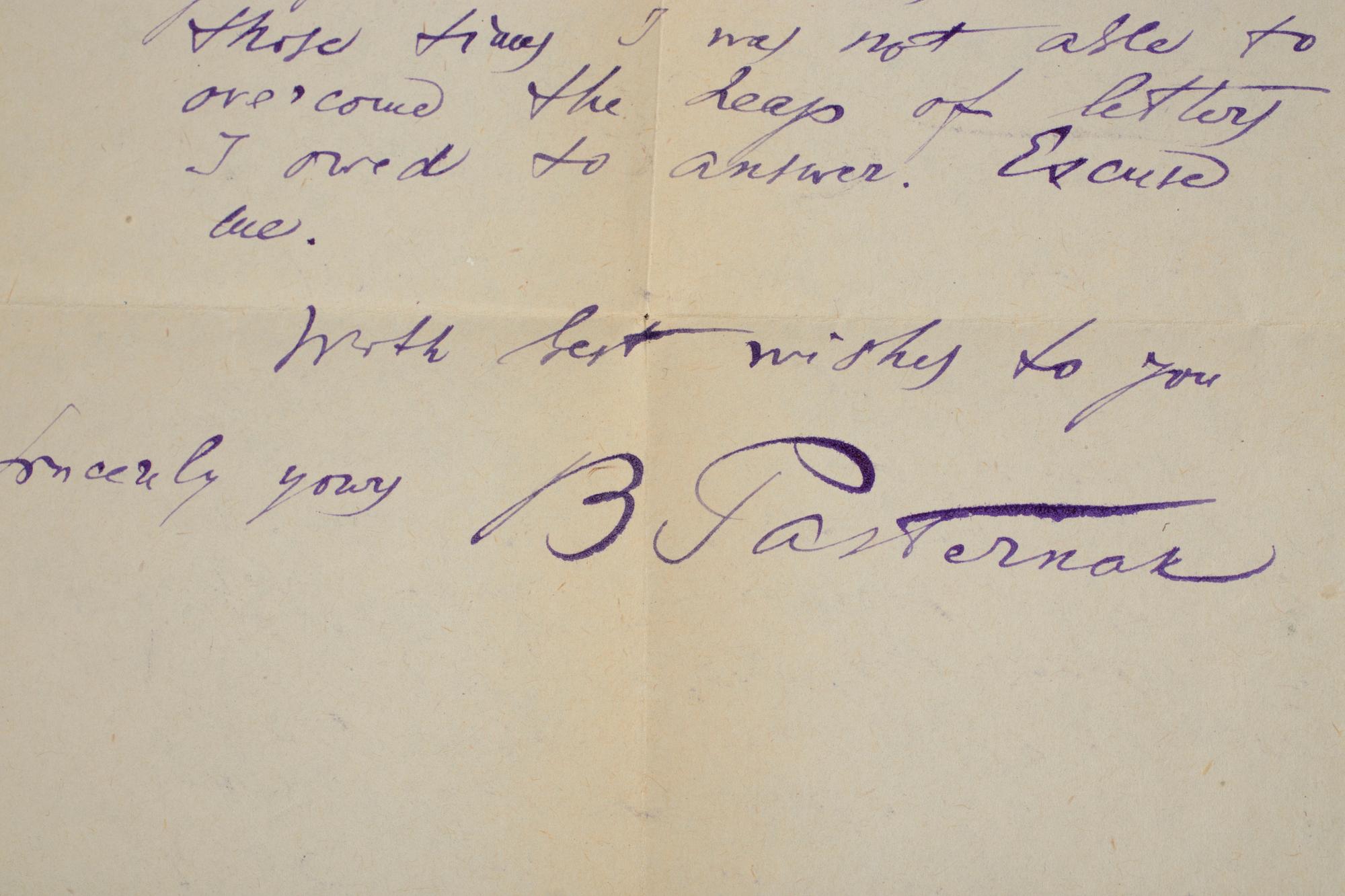 BREV med AUTOGRAF, egenhändigt skrivet och signerat Boris Pasternak, 1959.