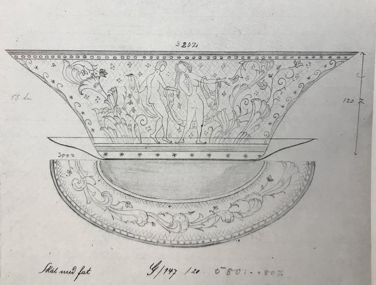 Simon Gate, an engraved glass bowl and stand, Orrefors, Sweden  1924, model 147.