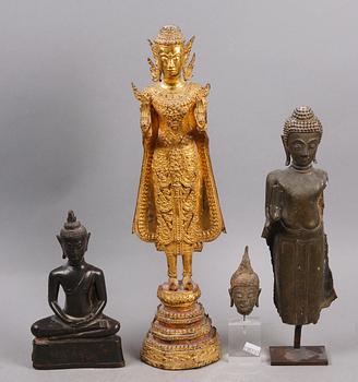 BUDDAFIGURINER, 4 st, patinerad metall, troligen Thailand, 1800/1900-tal.