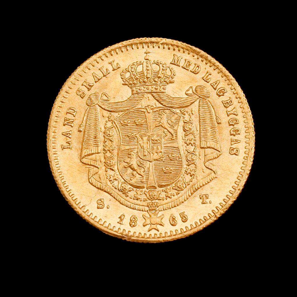 GULDMYNT, Carl XV, 1865. Vikt ca 3 gram.