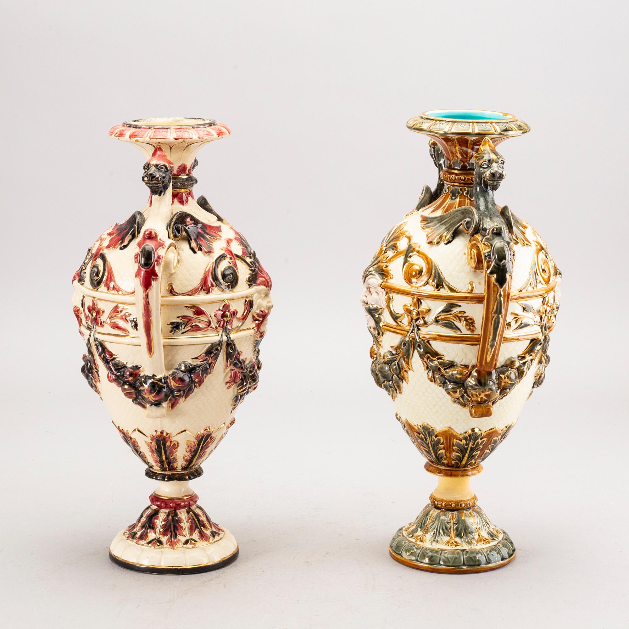 A set of two Rörstrand majolica urns around 1900.