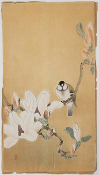 Ohara Koson, "Bird perched on a magnolia branch".