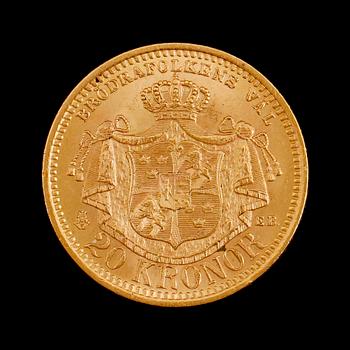 GULDMYNT, 20 kronor, Oscar II, 1902. Vikt ca 9 gram.
