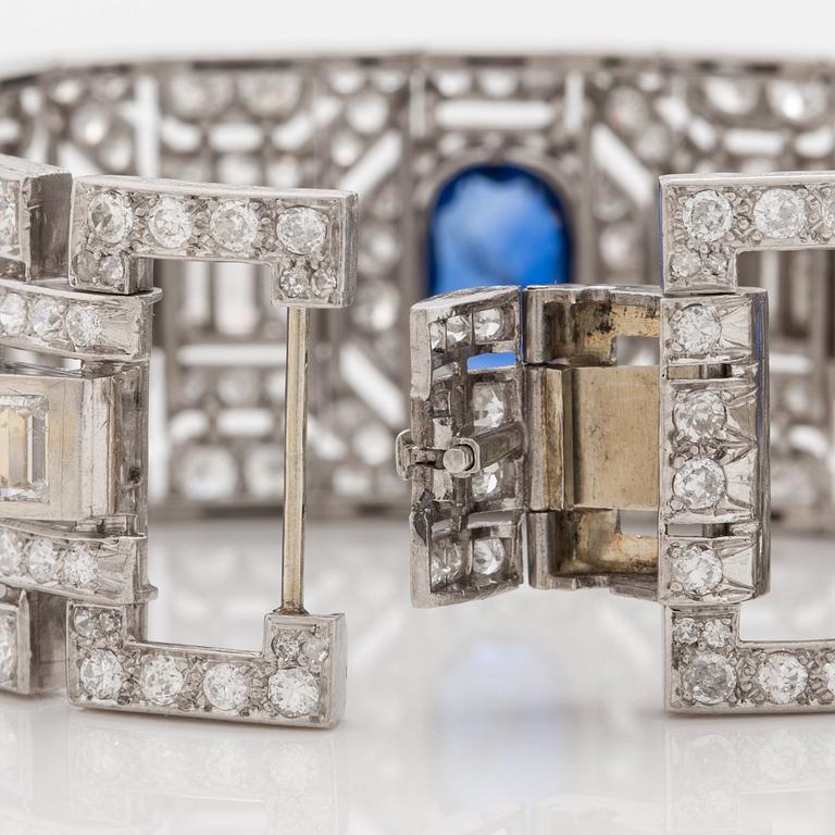 An Art Deco old- and baguette- cut diamond and sapphire cuff bracelet.