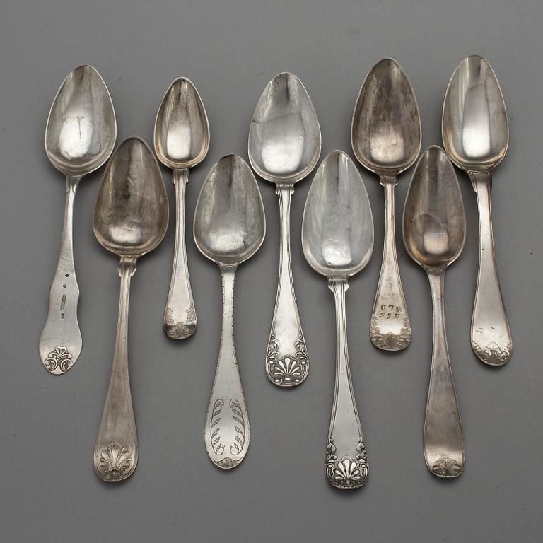 NINE 19TH CENTURY SILVER TABLE SPOONS.
