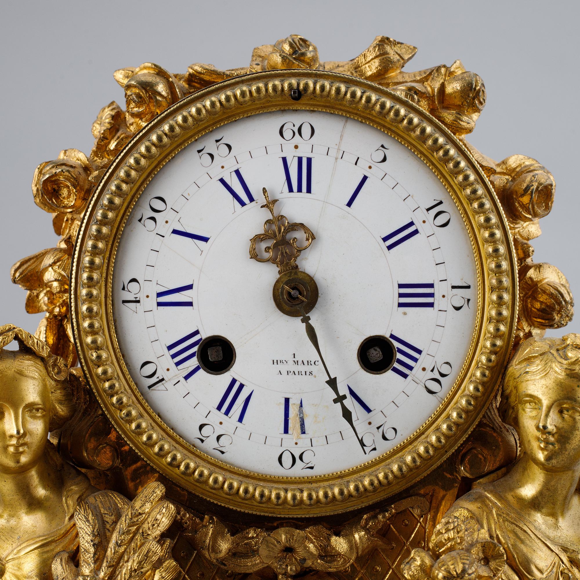 A French gilt bronze mantel clock from Henry Marc á Paris, second half of the 19th century.