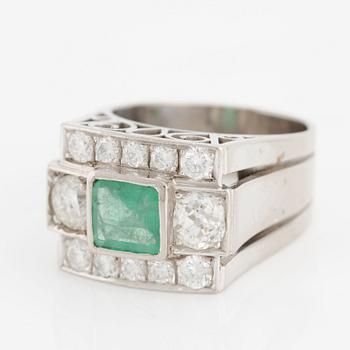 Ring, Hellström & Åhrling. 18K white gold with an emerald and old-cut and brilliant-cut diamonds.