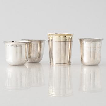 Four small 19th century silver beakers, three from France and one possibly German (Darmstadt).