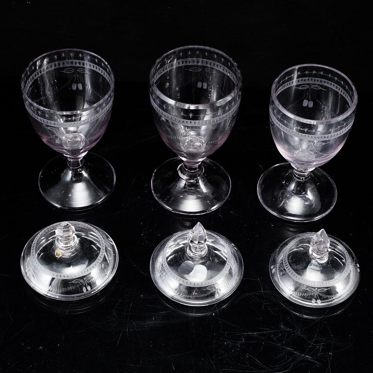 POKALGLAS, 3 st, sengustaviansk stil, omkring 1900.