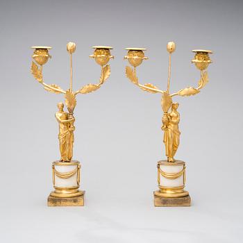 A PAIR OF LATE GUSTAVIAN CANDELABRAS, marble and gilt bronze, early 19th century.