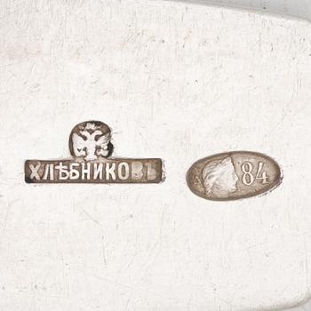 Six Russian silver dinner spoons, mark of Chlebnikov, Moscow, 1908–1926.