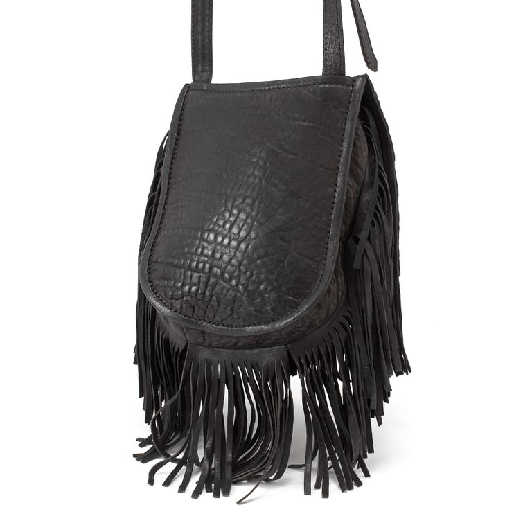 A black leather crossbody bag by Jimmy Choo.