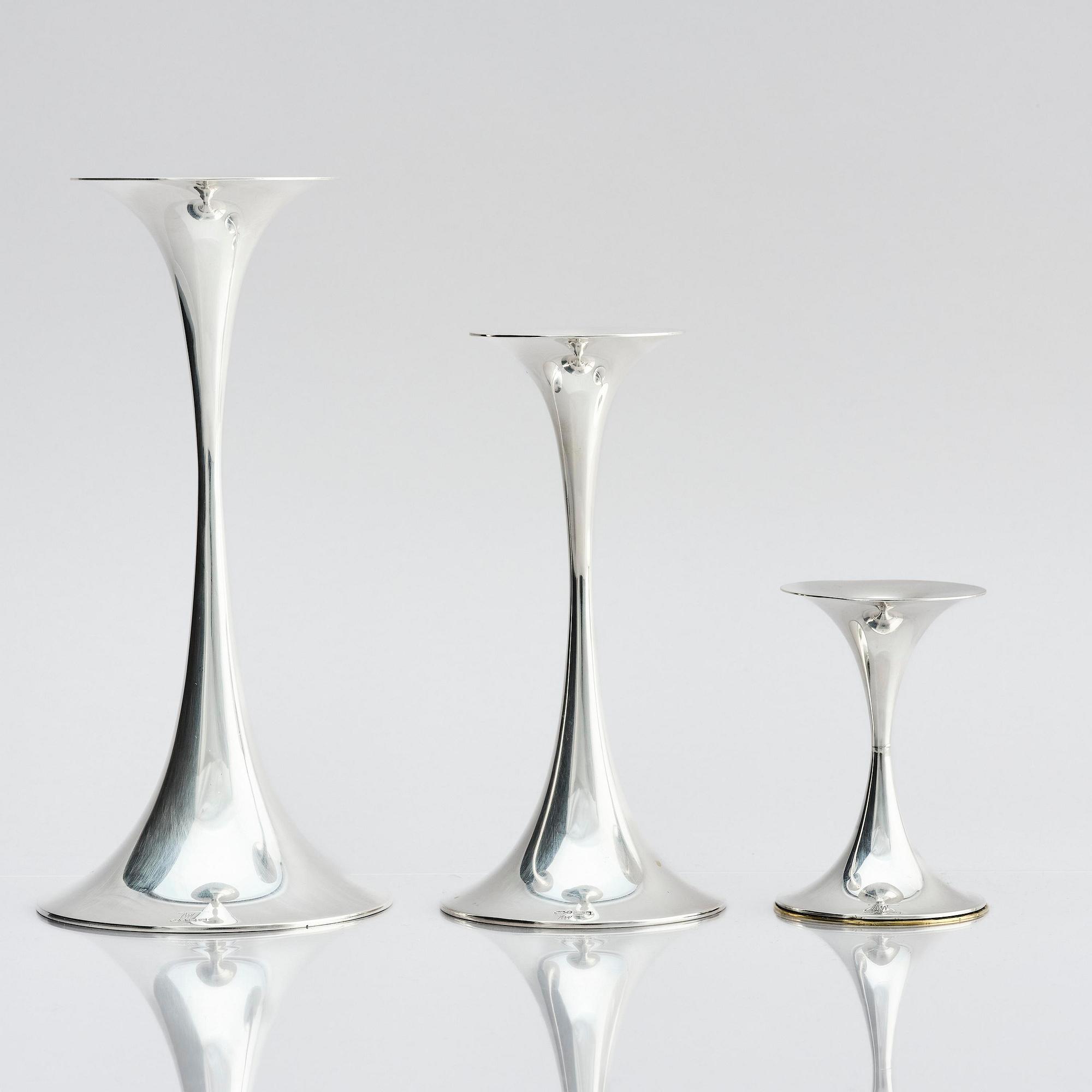 Tapio Wirkkala, three sterling silver 'Trumpetti' candlesticks, Kultakeskus, Hämeenlinna 1973.