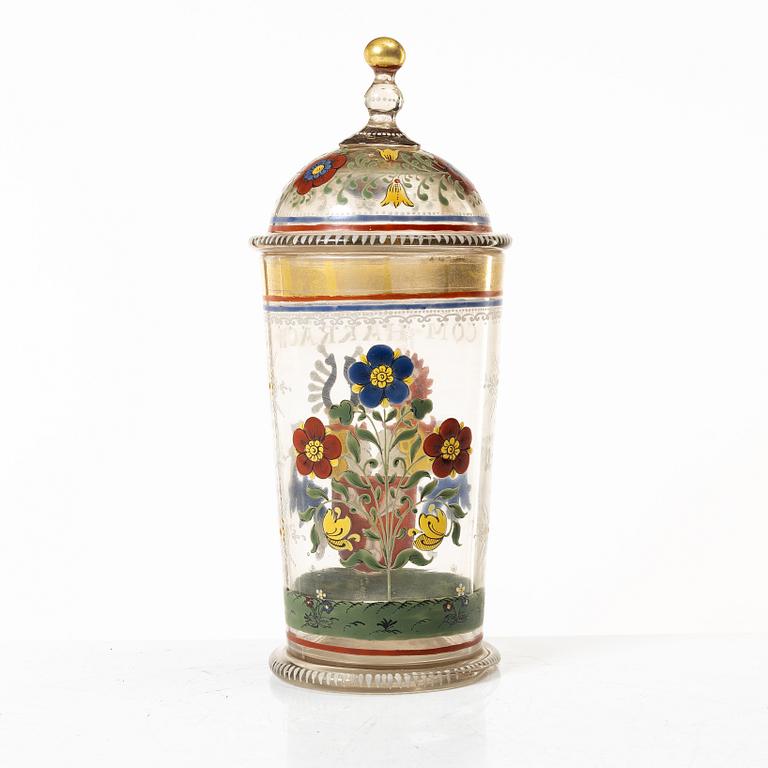 A historic style Bohemian glass cup with cover, 19th century.