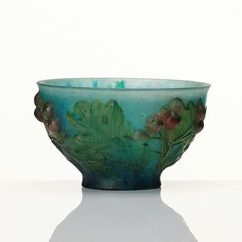 Amalric Walter & Henri Bergé, a pâte de verre bowl decorated with 'Sorbus intermeida' (latin), Nancy France 1920s.