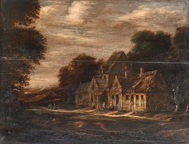 Meindert Hobbema Attributed to, PEOPLE OUTSIDE AN INN.