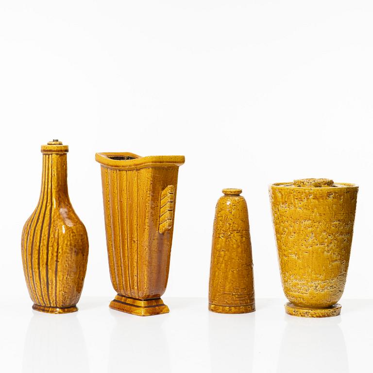 Gunnar Nylund, a set of three chamotte stoneware vases and a lamp base, Rörstrand 1930s-40s.