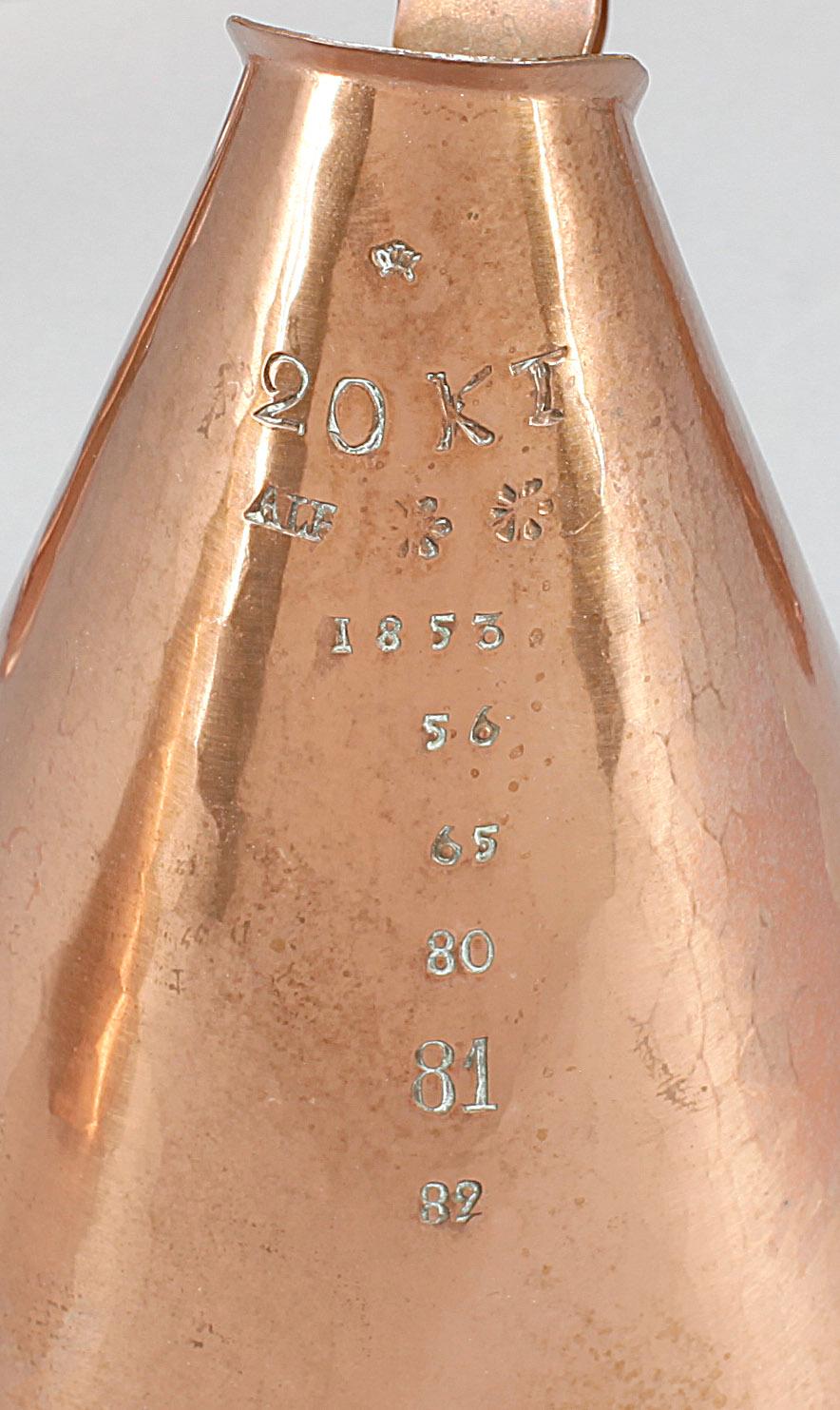 BRÄNNVINSMÅTT, 7 st, koppar, Wenström, 1800-tal.