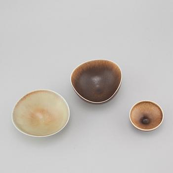 Three bowls in stoneware, designed by Berndt Friberg for Gustavsberg Studio, 1964 and 1965.