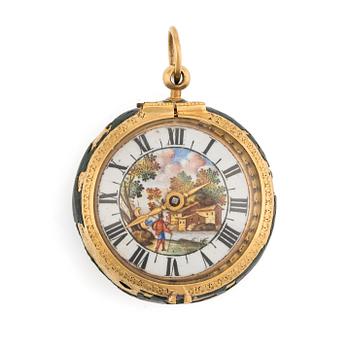 134. Abraham Cailliatte, a 17th century gold and enamel pocket watch, the case attributed to Pierre I Huaud.