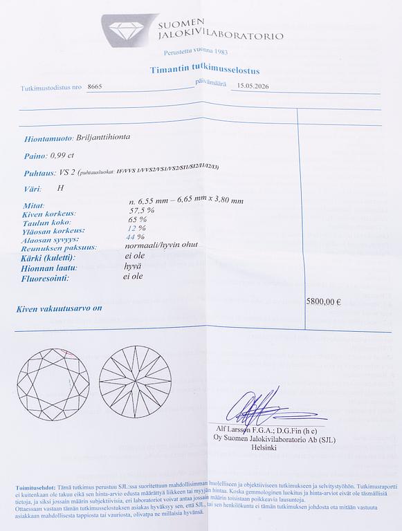 Diamant, briljantslipad, 0,99 ct H / VS2.