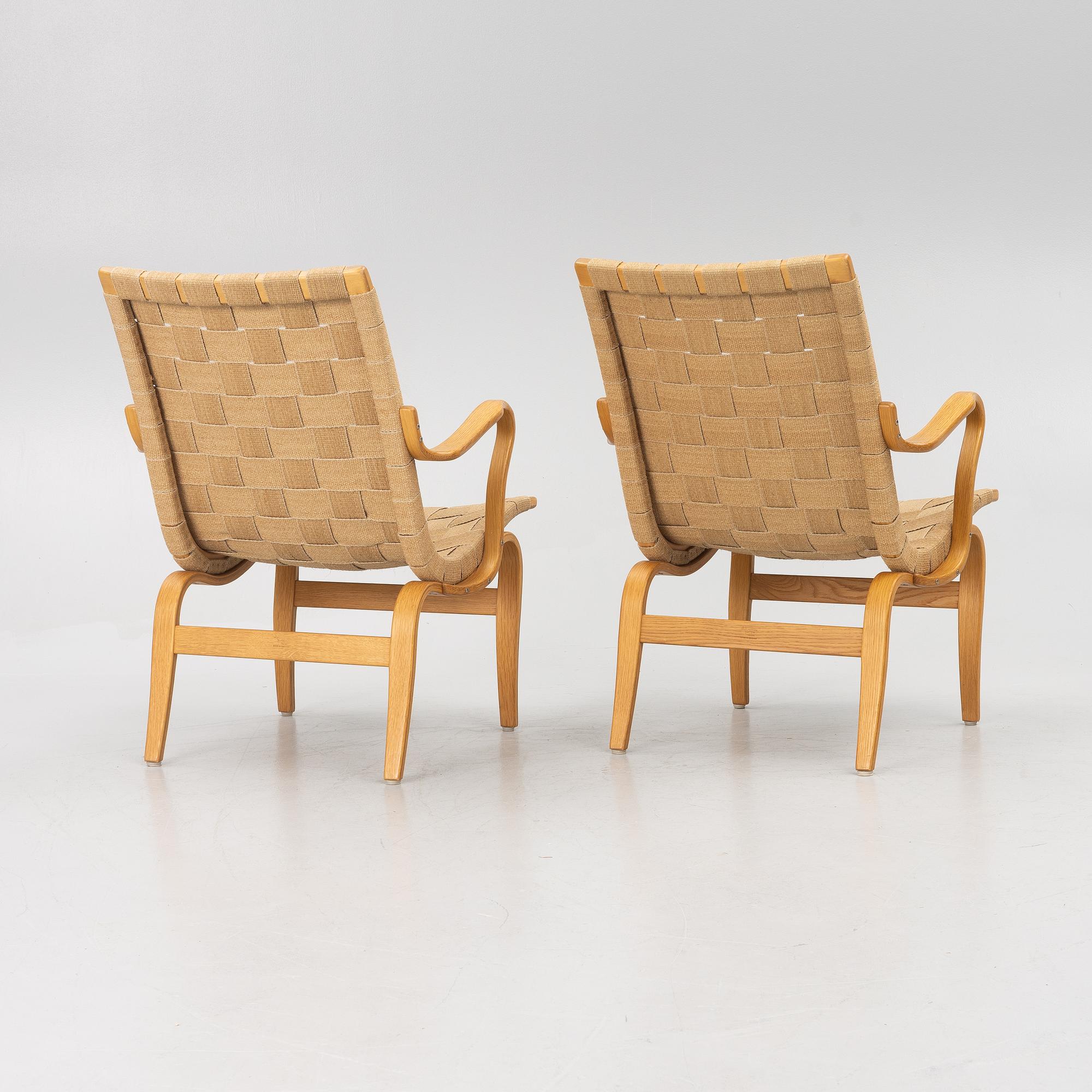Bruno Mathsson, a pair of 'Eva' armchairs, Firma Karl Mathsson, Värnamo, 1973.
