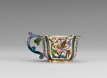 A RUSSIAN SILVER-GILT AND ENAMEL TSCHARKA, makers mark of Fyed Ruch, Moscow 1899-1908.