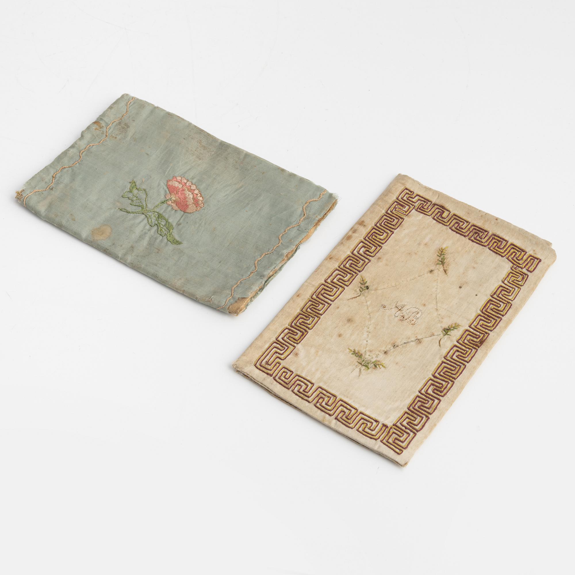 Two swedish 18 century silk wallets.ca 20,5 x 11,5 & 17,5 x 12,5 cm.