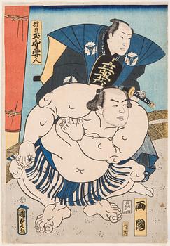 UTAGAWA KUNISADA II (1823-1880), color woodblock print. Japan, 1863. 'Ryogoku and Shikimori Yojin'.