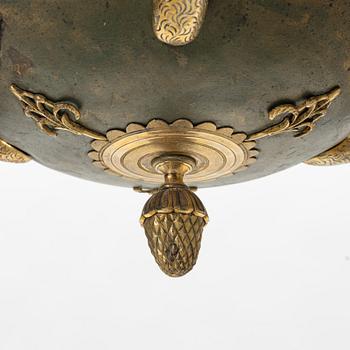 A Swedish Empire three-light gilt brass and tole hanging-light, early 19th century.