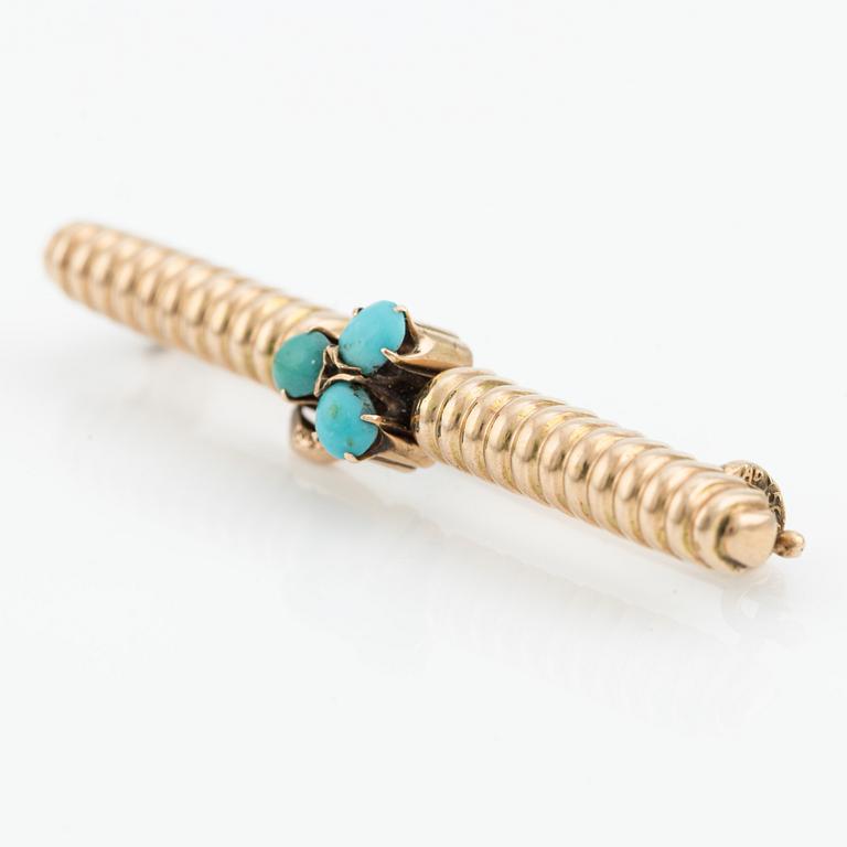 Brooch, 14K gold with turquoises, Saint Petersburg, Russia.