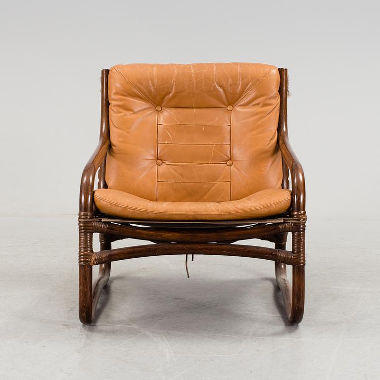 A bamboo and leather armchair, 1970's.