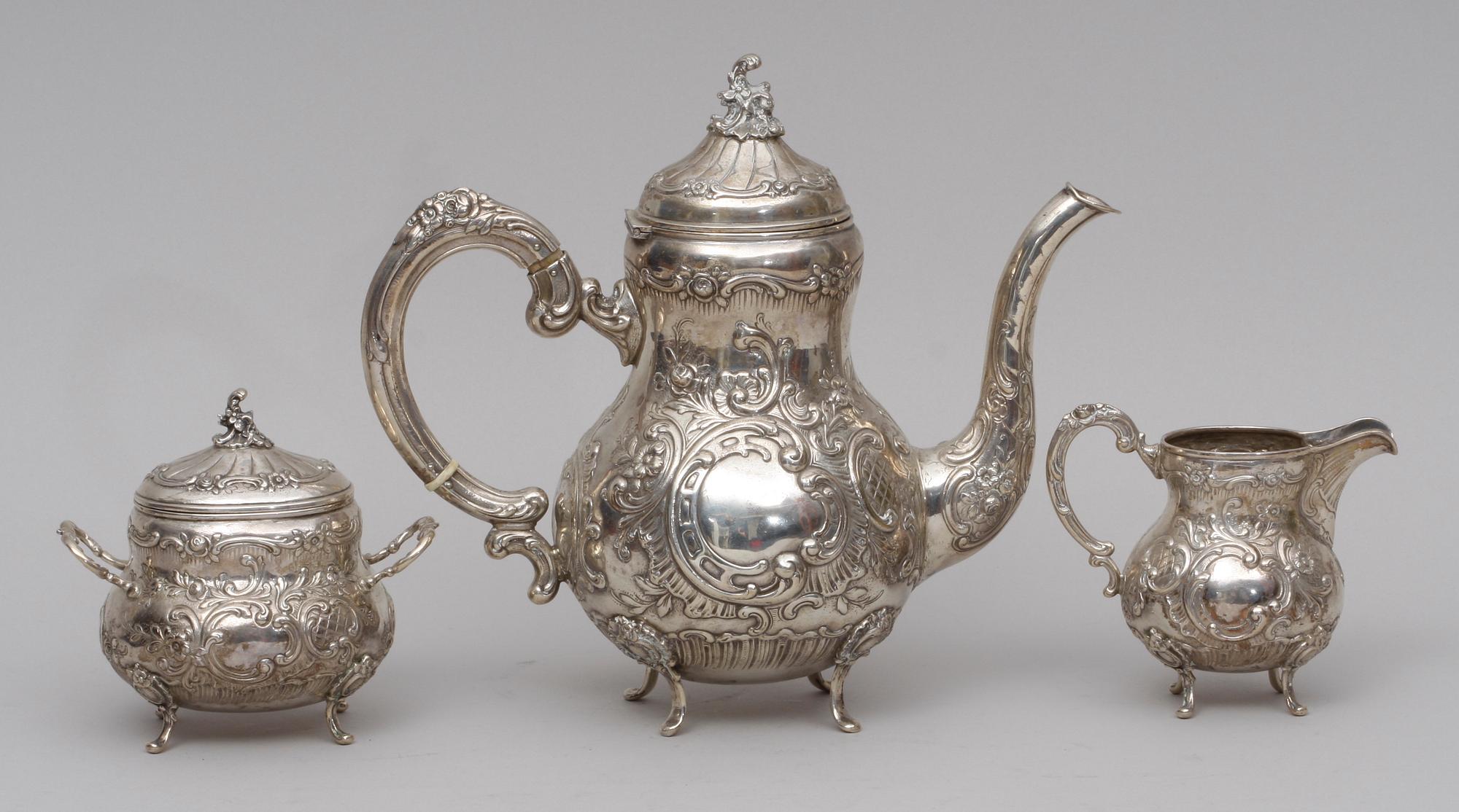 KAFFESERVIS , 3 delar, silver, rokokostil.