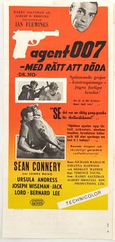 A Swedish movie poster James Bond "Med rätt att döda" (Dr No) 1963.