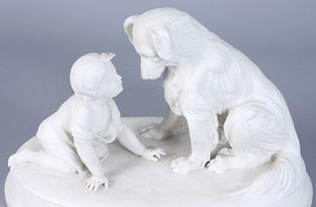 FIGURINGRUPP, parian, Gustafsberg. Märkt 'KAN DU INTE EALA?"'.