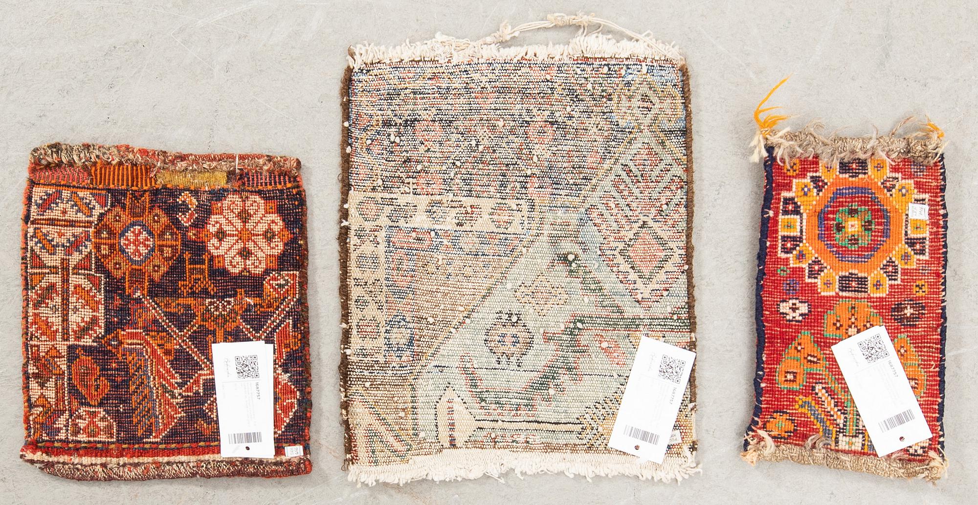 Mattor Wagireh (Provmatta)  3 st Kurdistan, Kashgai (Chanteh) ca38x33 cm, 30x28 cm och 29x17 cm.