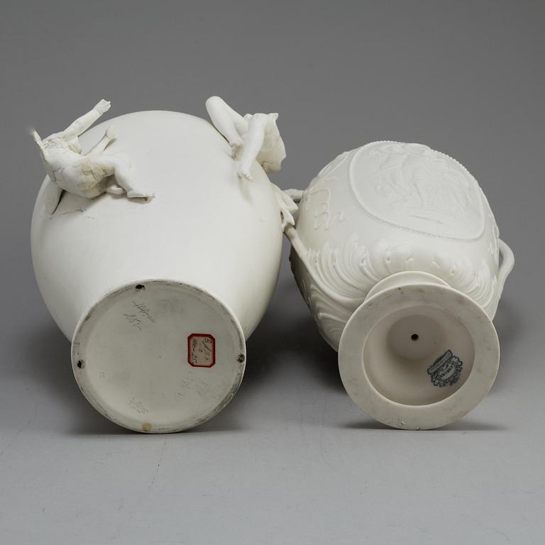 TWO PARIAN VASES, Rörstrand och Gustafsberg, ca 1900.