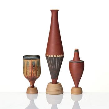 Wilhelm Kåge, a set of three miniature  'Farsta Spirea' stoneware vases, Gustavsberg studio, Sweden, one dated 1958.