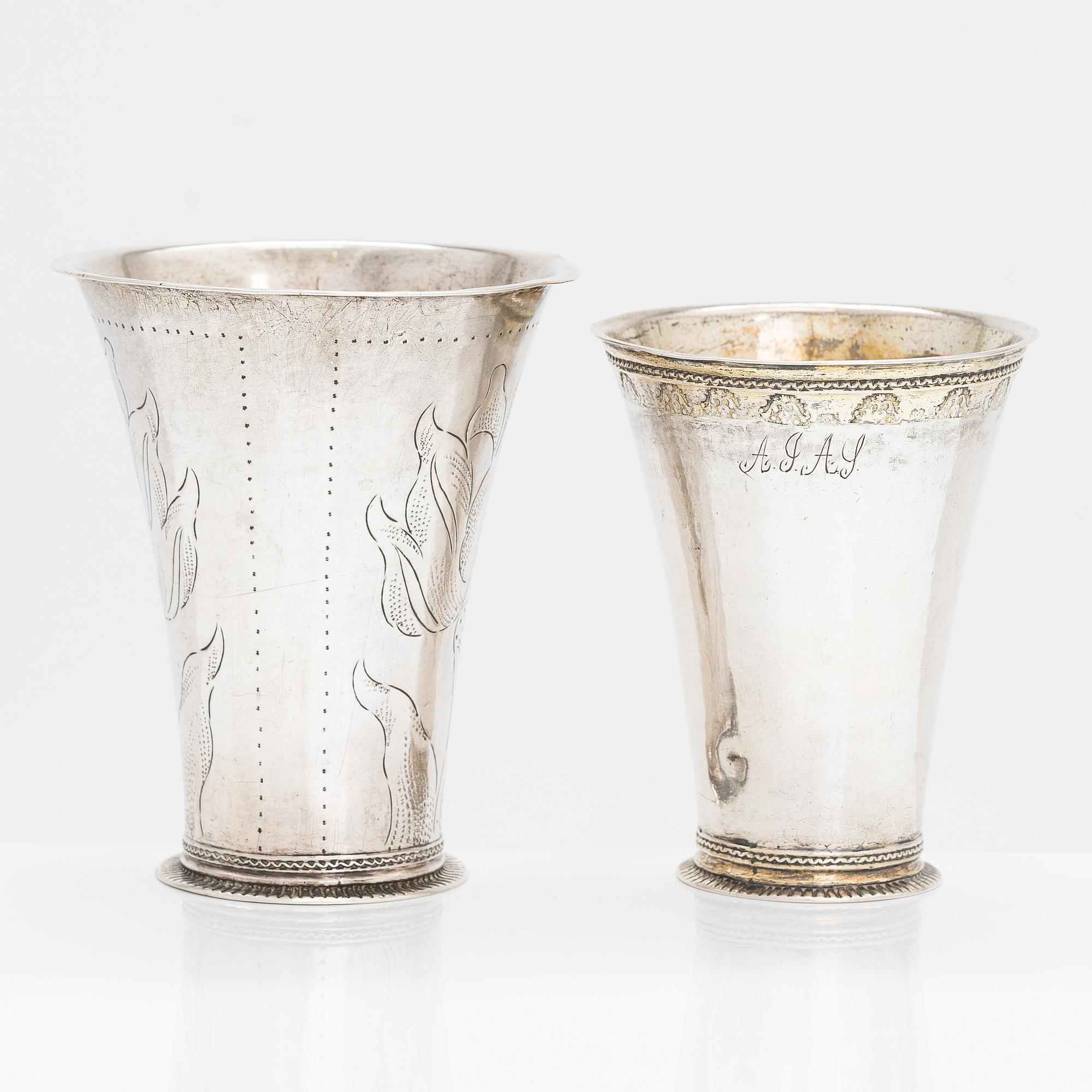 Two 18th-century Swedish silver beakers, Petter Zettersteen 1712-44 and Nils Orstedt, 1756.