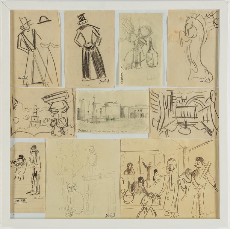 JOHN JON-AND, 10 drawings framed together. signed and stamp signed.
